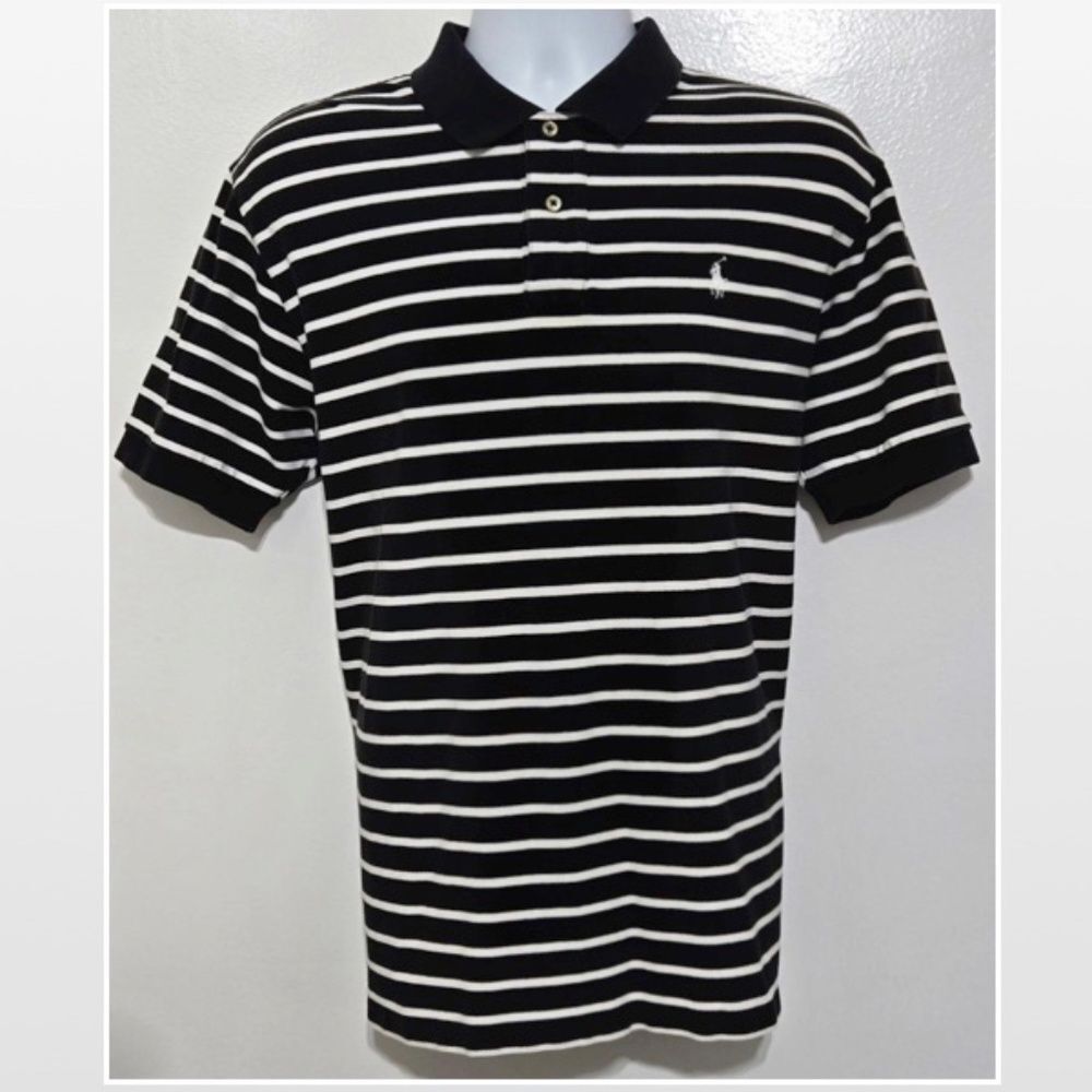 Vintage Polo Ralph Lauren Mens Shirt Short Sleeve Black White Striped Preppy XL